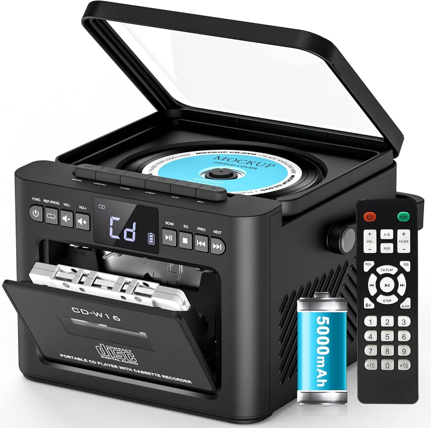 THIRSTY TURTLE - Boombox CD & Cassette Player w/ Bluetooth, FM/USB/TF, Rechargeable