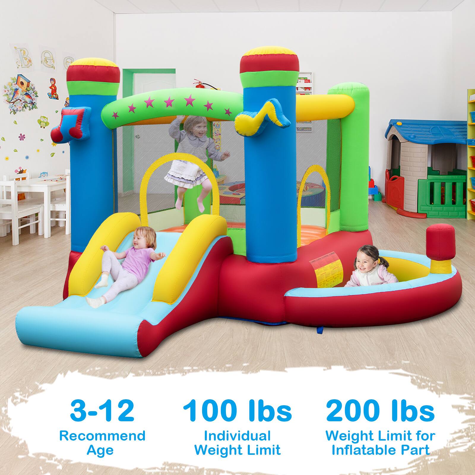 3-12  
Recommend Age  

100 lbs  
Individual Weight Limit  

200 lbs  
Weight Limit for Inflatable Part