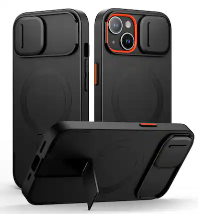 Front. SURITCH - Bumper Case for iPhone 13/14 with Camera Cover, Kickstand, Compatible with MagSafe, Shockproof Slim Protective Cover - Aurora Black.