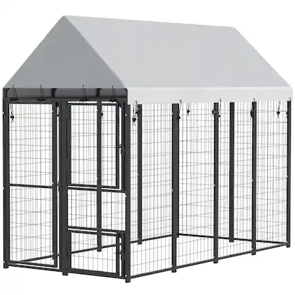 Front. Pawhut - Dog Kennel Outdoor with Roof, 3 Doors, Expandable Heavy Duty Dog Kennel Dog Run for All Breed Sizes - Black.
