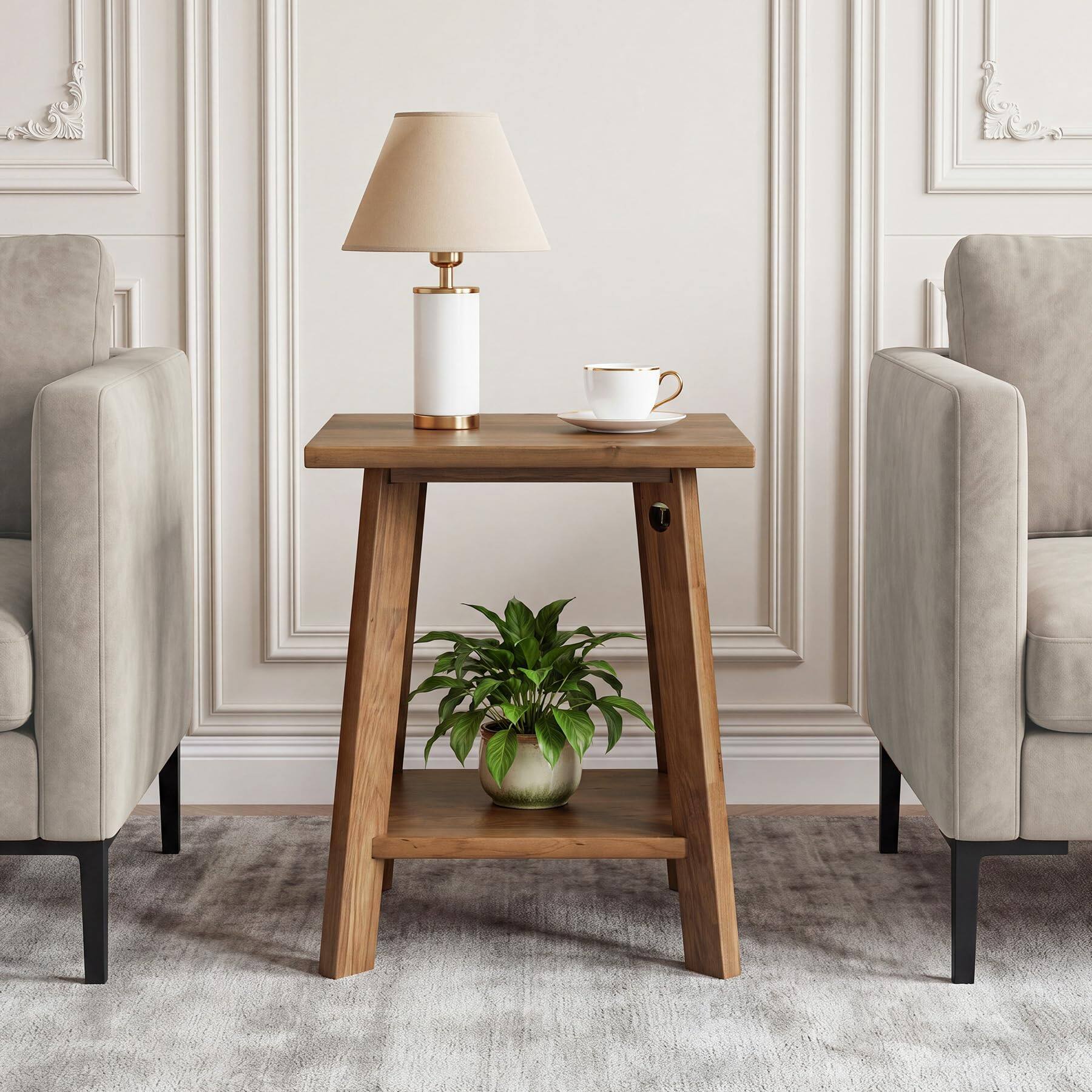 Alt View 3. Tribesigns - Solid Wood End Table, Small Side Table with 2-Tier Storage Shelf - Brown.