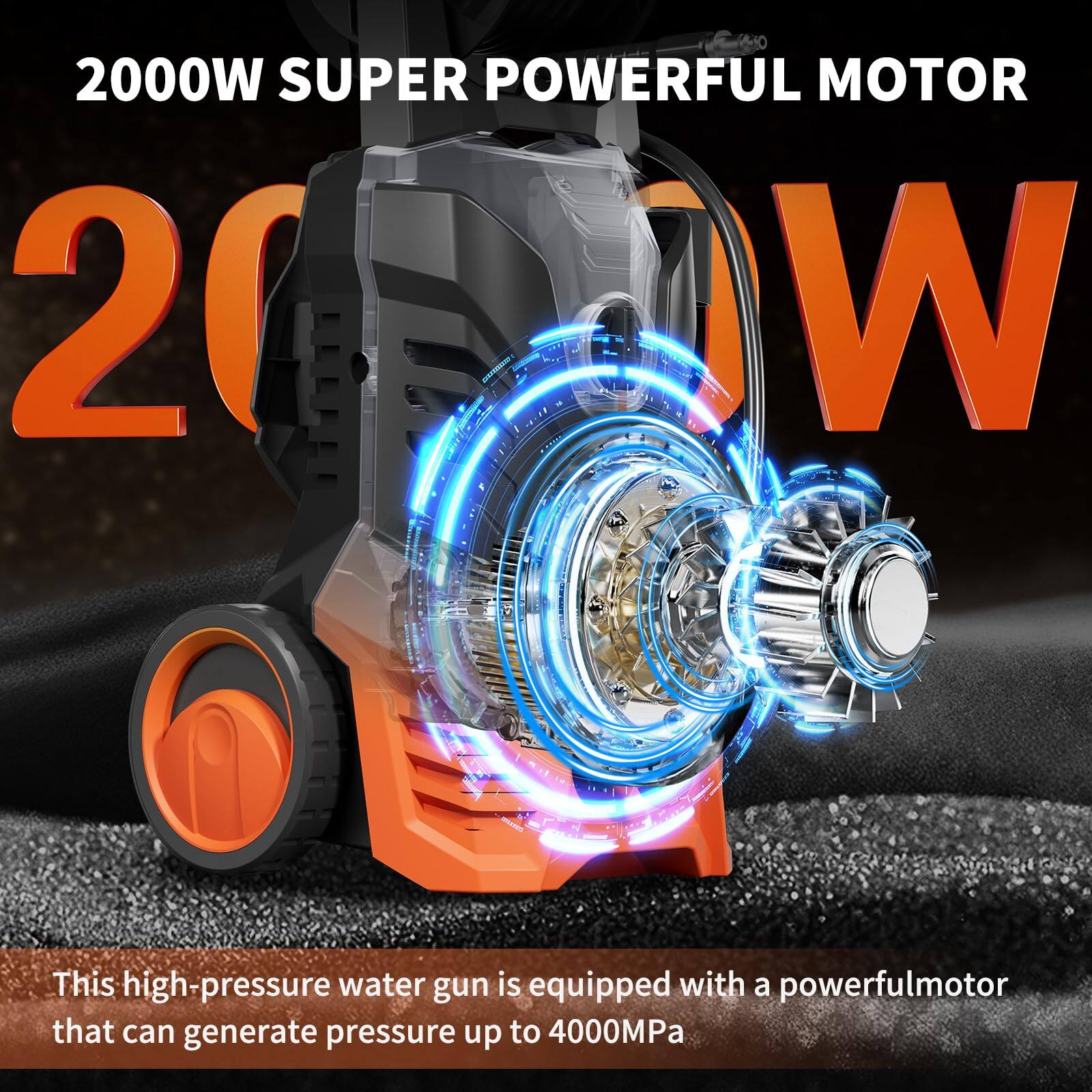 2000W SUPER POWERFUL MOTOR

This high-pressure water gun is equipped with a powerful motor that can generate pressure up to 4000MPa