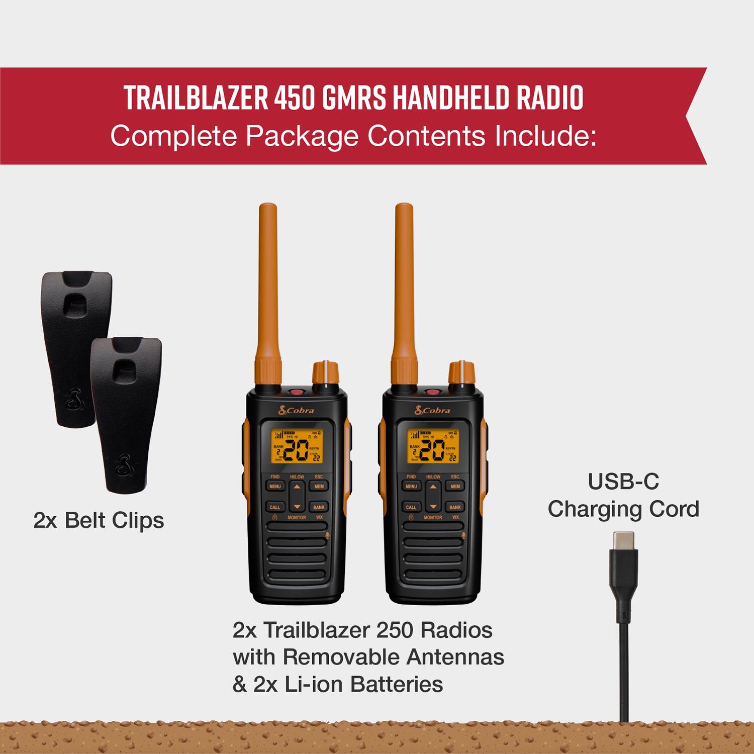 The text on the image is grouped and corrected as follows:

Trailblazer 450 GMRS Handheld Radio Complete Package Contents Include: 2x Belt Clips, USB-C Charging Cord, 2x Trailblazer 250 Radios with Removable Antennas & 2x Li-ion Batteries.
