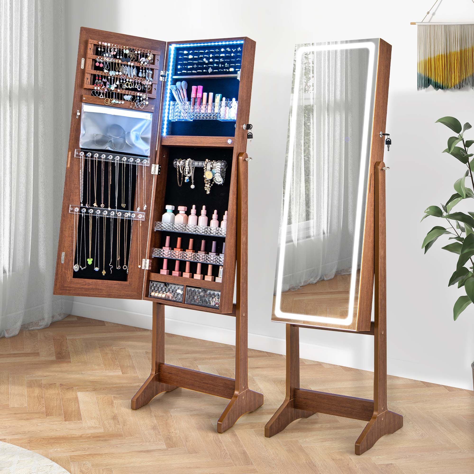 Alt View 1. Costway - Costway LED Mirror Jewelry Cabinet Organizer Armoire Standing with Built-in 3 Color Light - Walnut.