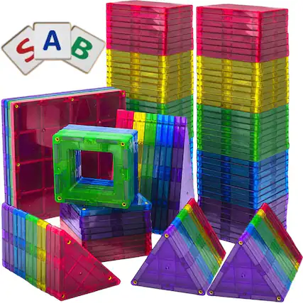 Front. Play22 - Magnetic Tiles Building Blocks 113pc Set with 13 Alphabet Cards – 3D STEM Educational Toy for Kids, BPA Free.
