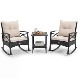 Gymax - Set of 3 Rattan Rocking Bistro Set w/Tempered Glass Tabletop & Cushions for Porch Off - White