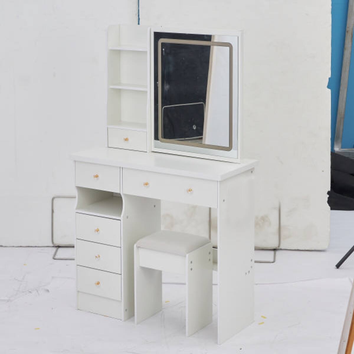 Alt View 4. Loheer - Loheer 37 Inch Makeup Vanity Table with Left Drawer, Sliding LED Mirror and Cushioned Stool - White.