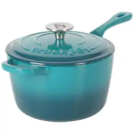 Crock-Pot - Artisan 3 Quart Enameled Cast Iron Saucepan with Lid - Teal and Silver