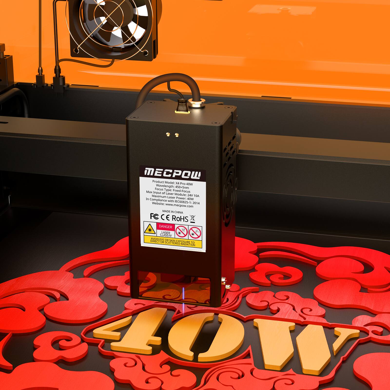 MECPOW Product Model: V4A Pro-40W  
Wavelength: 450-500nm  
Focus Type: Fixed-Focus  
Maximum Laser Power: 40W  
Website: www.mecpow.com  
MADE IN CHINA  
FC CE ROHS  
DANGER  
SAYR CLAN RULN O - BO GRECE  
SATORO APUSURE 0  
SATURATED RADICATION  
40W