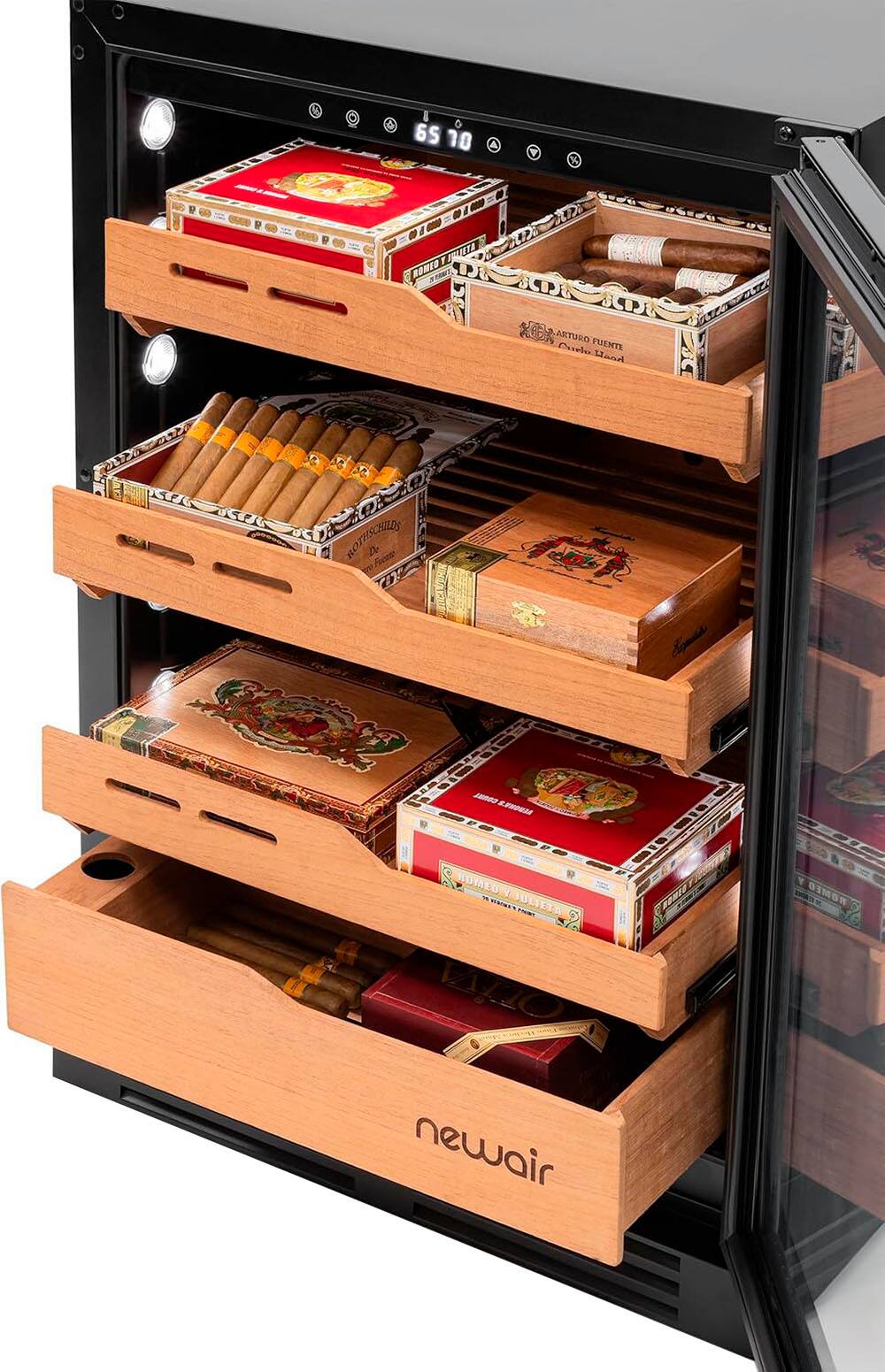 The image features a wooden cigar humidor with a variety of cigars inside. The humidor is filled with cigars in different sizes and positions, showcasing a diverse collection. The humidor is designed to store and preserve cigars in optimal conditions, ensuring that they maintain their quality and taste. The wooden construction and the presence of a handle suggest that the humidor is easy to transport and use. The image highlights the variety and appeal of the cigars stored within the humidor, making it an attractive display for cigar enthusiasts.