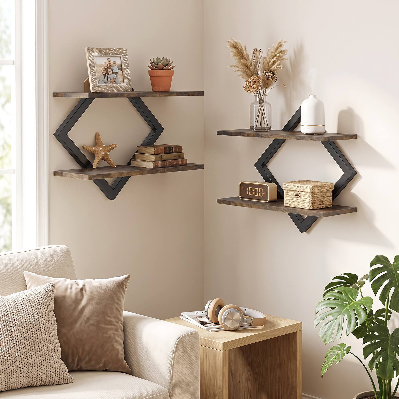 Alt View 5. Costway - Costway 2PCS Floating Shelves with Geometric Frame, 2-Tier Wall Mounted Decorative Shelves - Black + Rustic Brown.