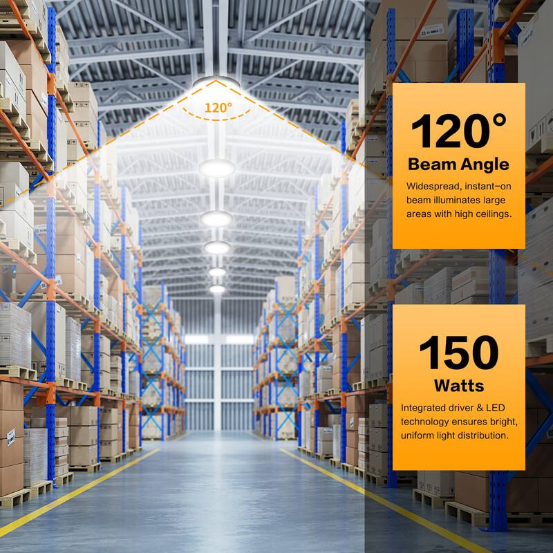 120° Beam Angle  
Widespread, instant-on beam illuminates large areas with high ceilings.  

150 Watts  
Integrated driver & LED technology ensures bright, uniform light distribution.