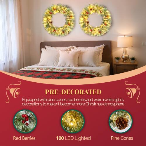 **PRE-DECORATED**

Equipped with pine cones, red berries, and warm white lights, decorations to make it become more Christmas atmosphere

- Red Berries
- 100 LED Lighted
- Pine Cones