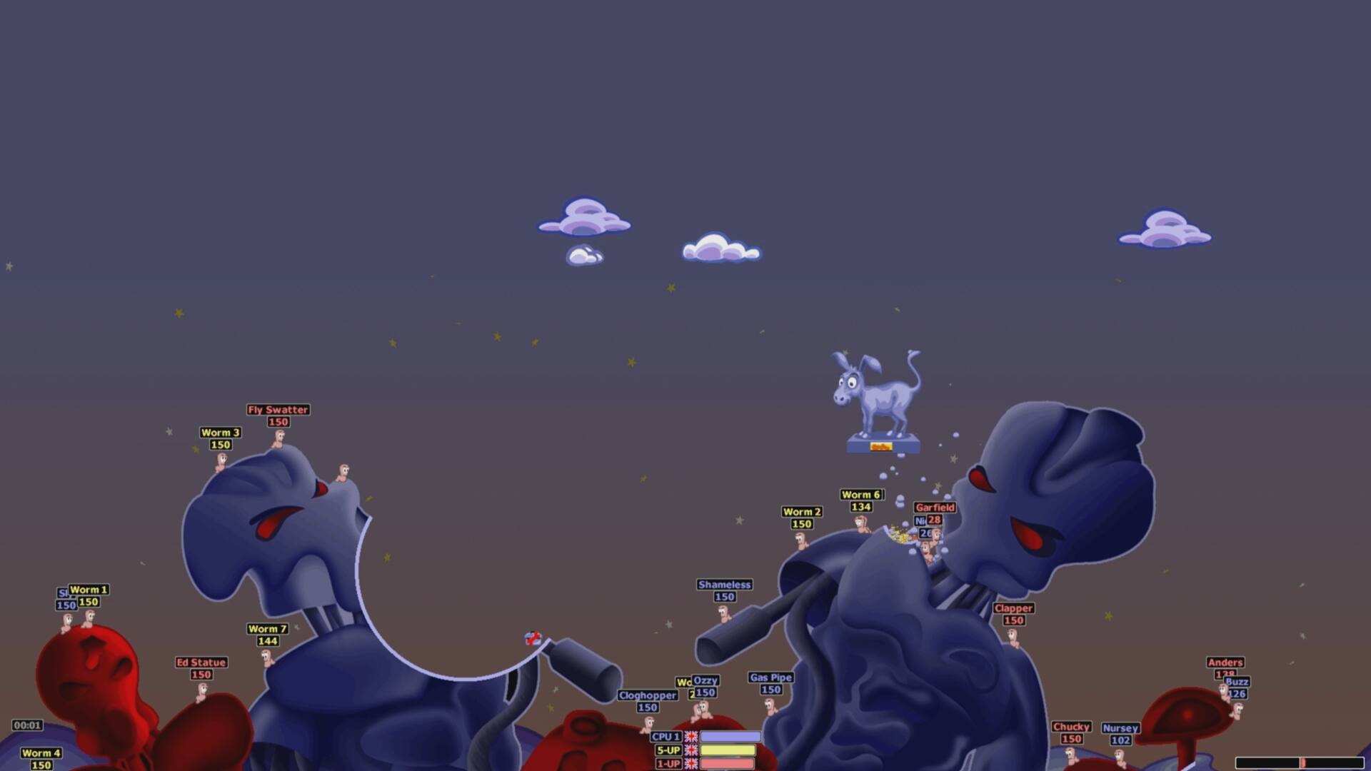 Worm 3 150 Fly Swatter 150 Worm 2 150 Worm 6 134 Garfield  28 20 S Worm 1 150 150 Worm 7 144 Shameless 150 Clapper 150 Ed Statue 150 Wd Orry Cloghopper 150 150 Gas Pipe 150 Anders 3 BuZZ 26 00:01 Worm 4 150 CPU 1  S-UP  1-UP  Chucky Nursey 150 102