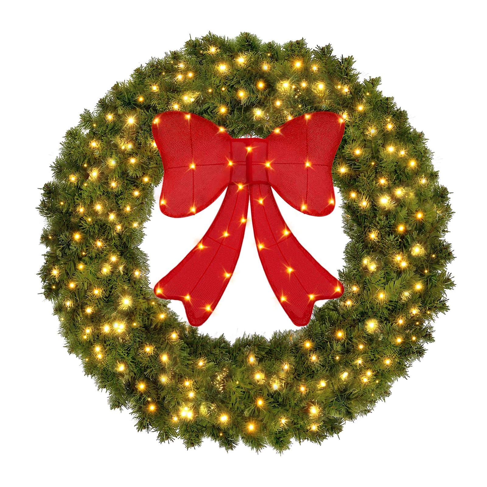 Sweetcrispy - 30in Pre-Lit Christmas Wreath, Lighted Artificial Holiday Wreath w/ 130 LED Lights, removable Red Bow - Green