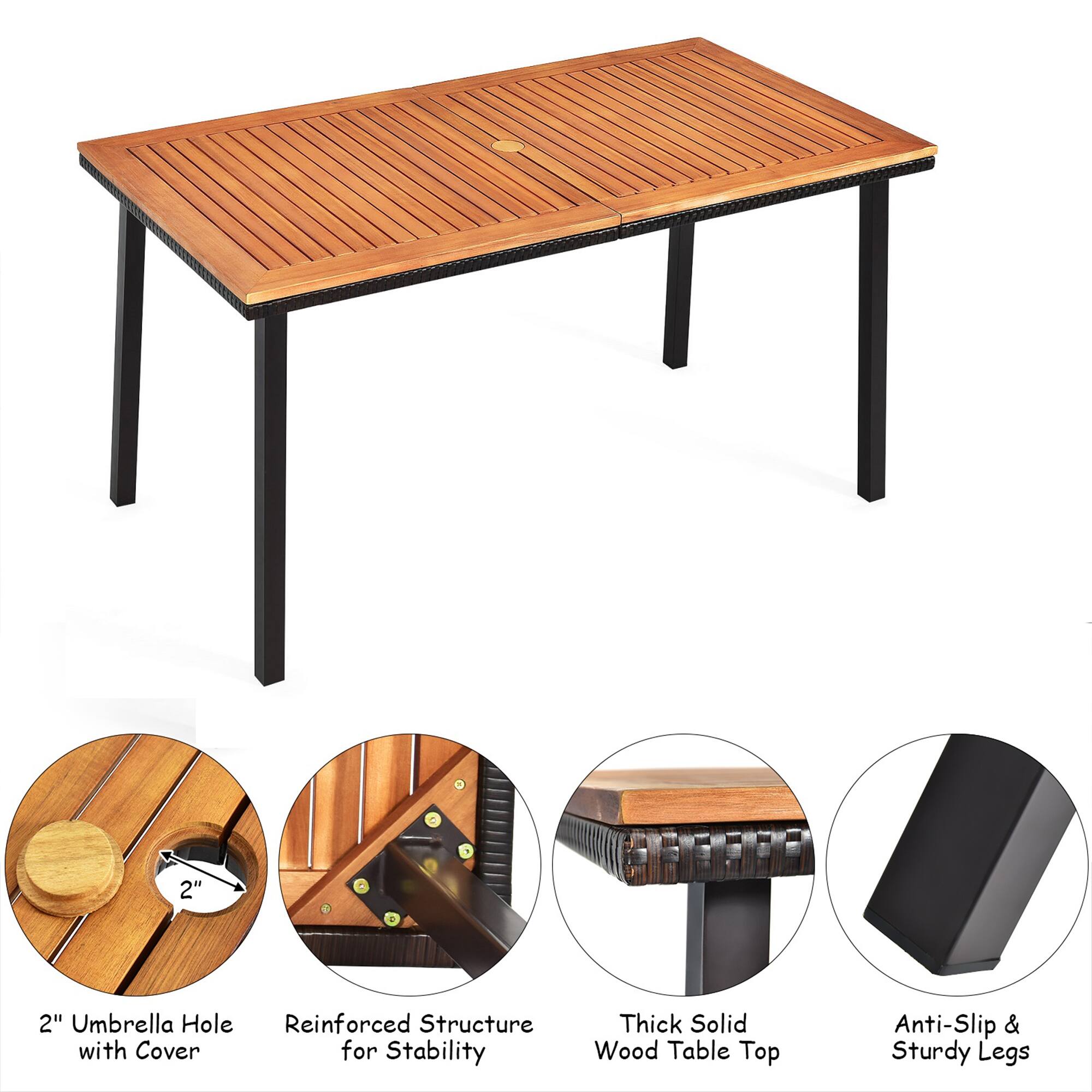 - 2" Umbrella Hole with Cover
- Reinforced Structure for Stability
- Thick Solid Wood Table Top
- Anti-Slip & Sturdy Legs