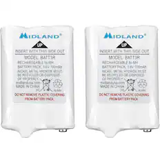 INSERT WITH THIS SIDE OUT
MODEL: BATT3R
RECHARGEABLE Ni-MH BATTERY PACK, 3.6V 700mAh
NICKEL METAL HYDRIDE MUST BE RECYCLED OR DISPOSED OF PROPERLY.
midlandusa.com
MADE IN CHINA (H)
DO NOT REMOVE PLASTIC COVERING FROM BATTERY PACK.