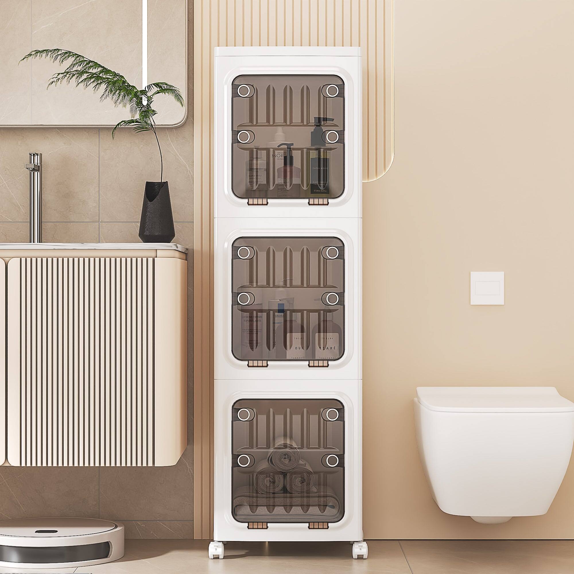 Alt View 3. Vecelo - 4-Tier Foldable Plastic Storage Cabinet with Transparent Doors and Wheels,Waterproof,Easy Snap-Together Assembly, White - 3-Tier.