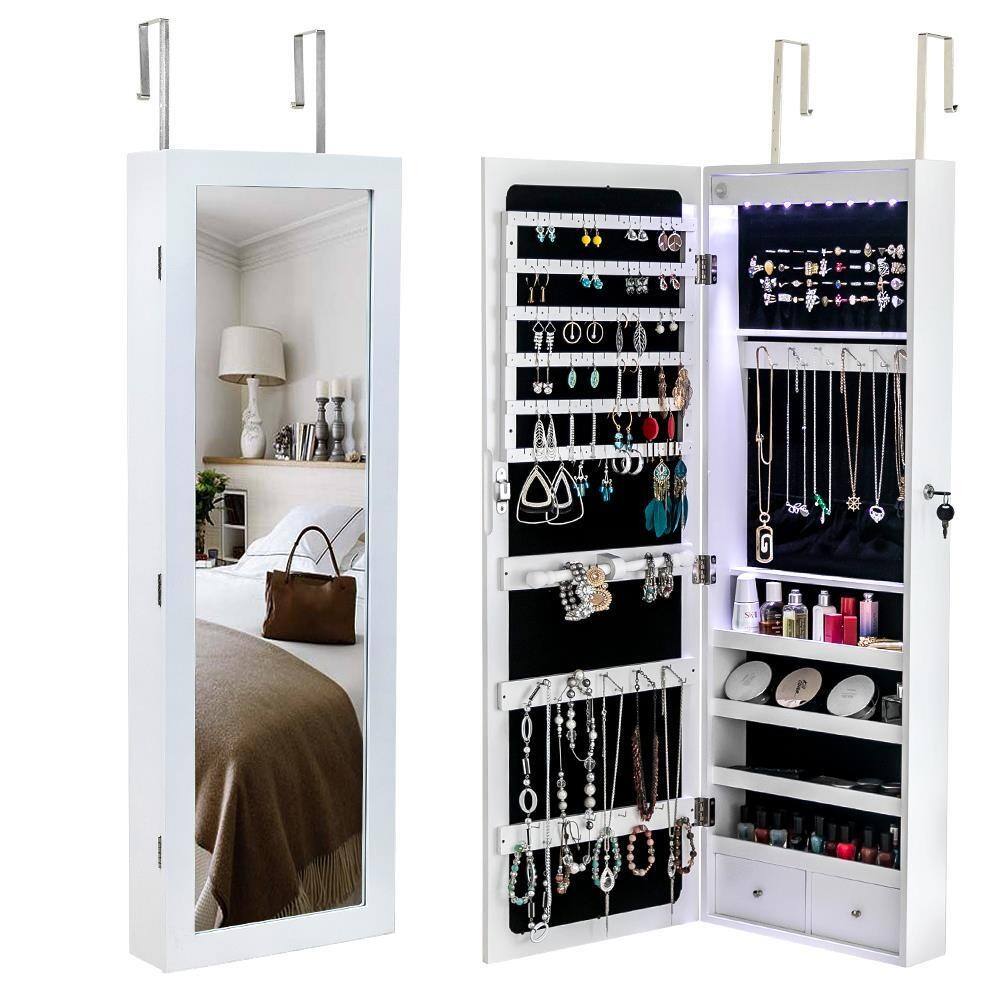 Winado - Wall Door Mounted Mirror Jewelry Cabinet with LED Light Jewelry Holder Cosmetic Large Organizer Cabinet Armoire Lockable - White