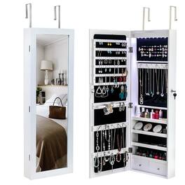 Winado - Wall Door Mounted Mirror Jewelry Cabinet with LED Light Jewelry Holder Cosmetic Large Organizer Cabinet Armoire Lockable - White