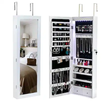 Front. Winado - Wall Door Mounted Mirror Jewelry Cabinet with LED Light Jewelry Holder Cosmetic Large Organizer Cabinet Armoire Lockable - White.