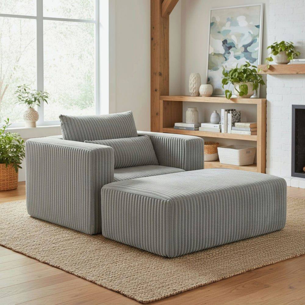 Back. Kadyn - Oversized All-Foam Corduroy Lounge Chair with Ottoman, Modular Floor Couch, Compressed & Easy Assembly - Gray.