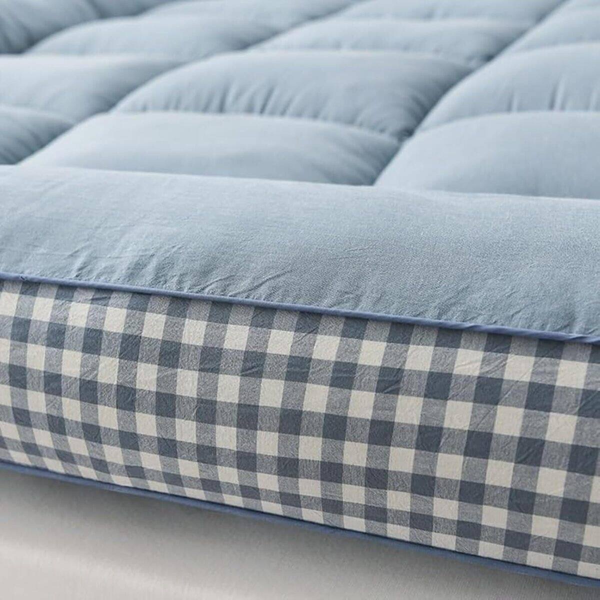 Back. Shatex - Three-layer foam full mattress topper with 3D quilted edges, soft, breathable, and suitable for all seasons. - Blue.