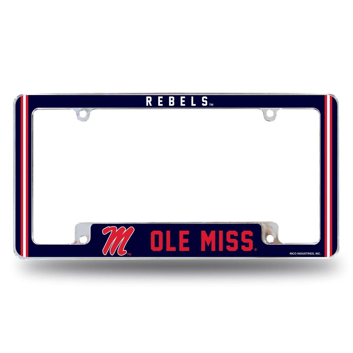 Mississippi Ole Miss Rebels Chrome Metal License Plate Frame with Full Frame Team Color Graphics