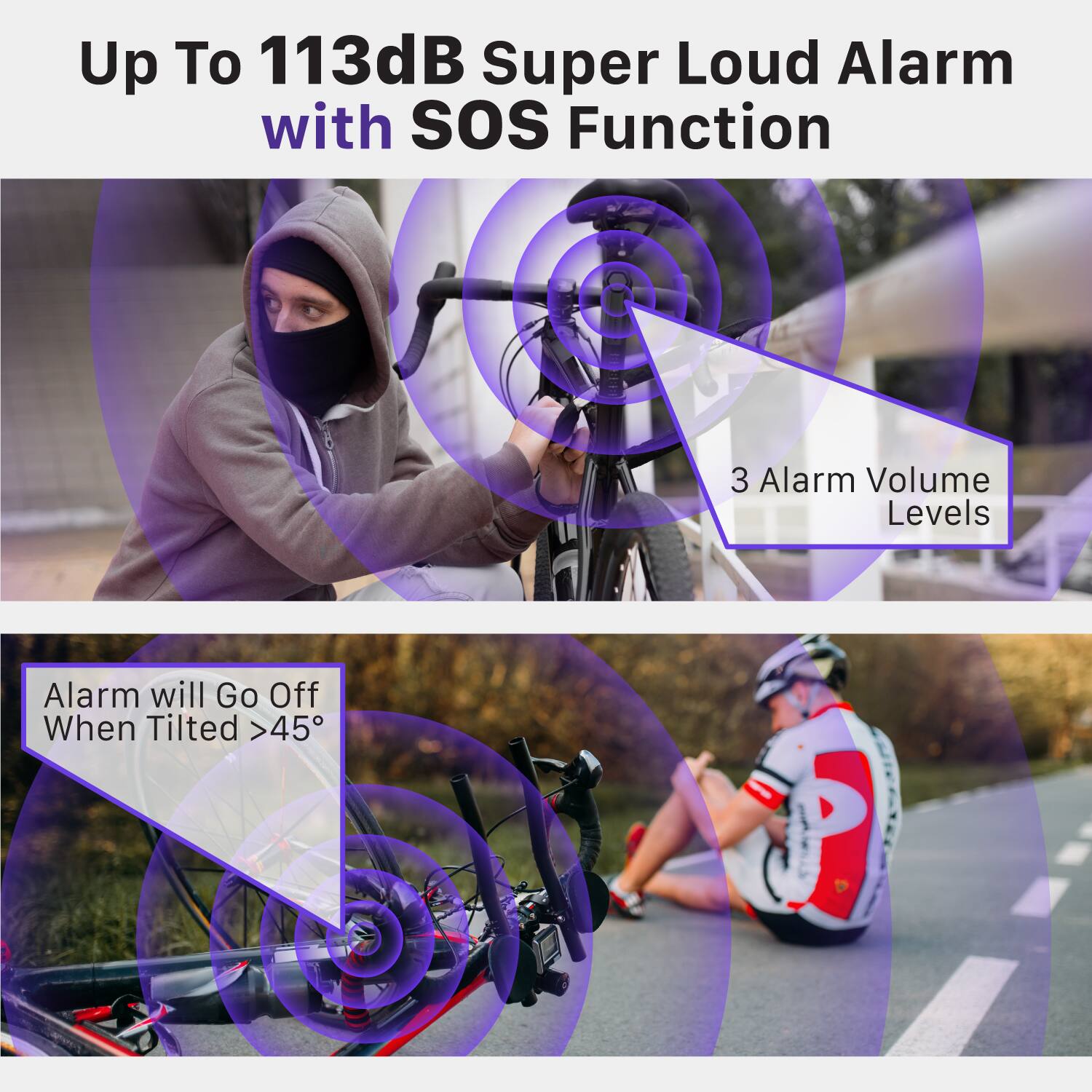 Up To 113dB Super Loud Alarm with Sos Function, 3 Alarm Volume Levels, Alarm will Go Off When Tilted >45°