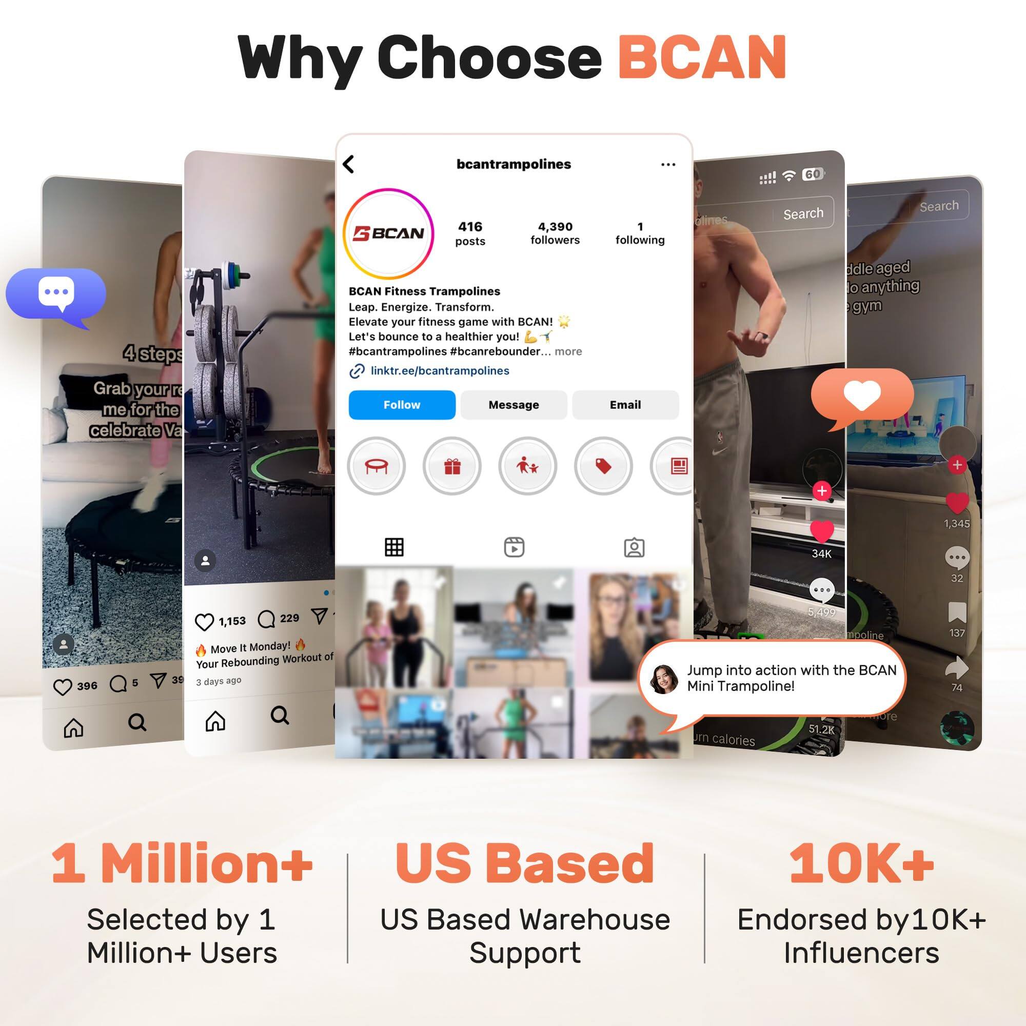 Why Choose BCAN

BCAN Fitness Trampolines
Leap. Energize. Transform.
Elevate your fitness game with BCAN!
Let's bounce to a healthier you!
#bcantrampolines #bcanrebounder
linktr.ee/bcantrampolines

Follow Message 1 following Email

416 posts
4,390 followers
1 following

1 Million+ Selected by 1 Million+ Users
US Based Warehouse Support
10K+ Endorsed by 10K+ Influencers

Grab your trampoline for the celebrate Va

Move It Monday! Your Rebounding Workout of the Week
3 days ago

Jump into action with the BCAN Mini Trampoline!
51.2K more
1 Million+