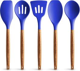 Zulay Kitchen - 5-Piece Non-Stick Cooking Utensils Set with Authentic Acacia Wood Handles - Dark Blue