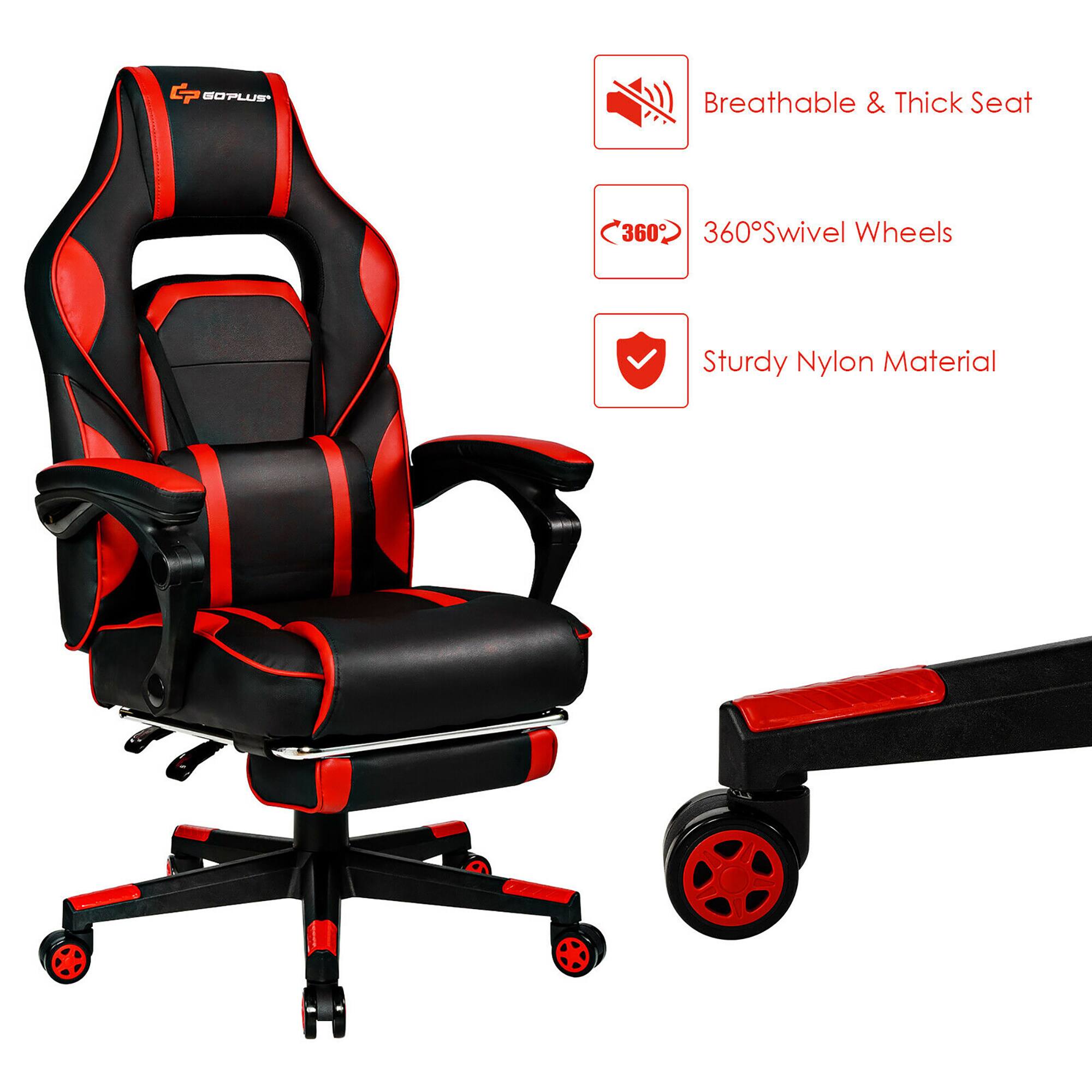 The image features a black and red chair with a breathable and thick seat, which is made of sturdy nylon material. The chair has 360 swivel wheels, making it easy to maneuver and adjust the position. The chair is designed to provide comfort and support for the user, making it an ideal choice for gaming or other activities that require extended periods of sitting.