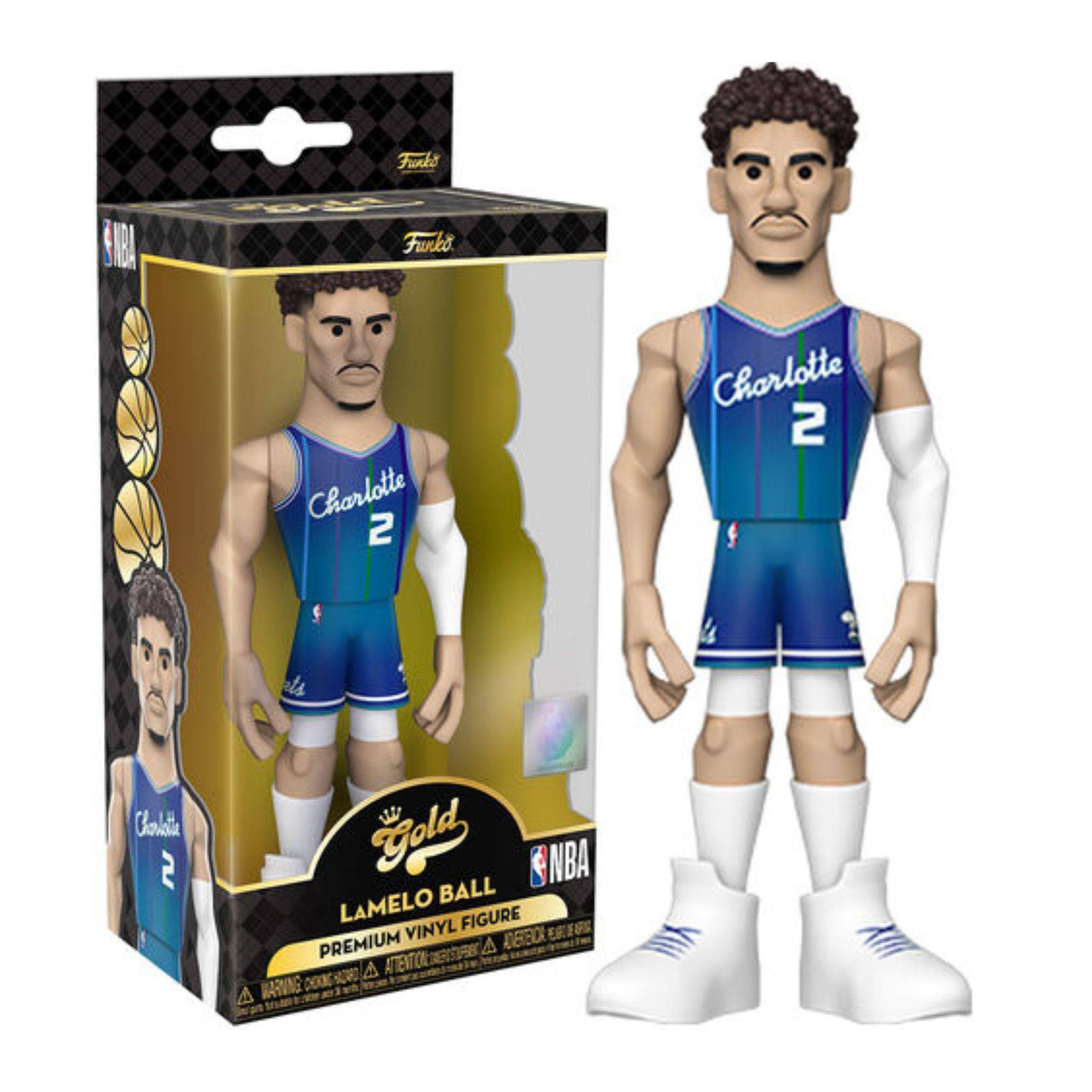Funko  
Charlotte 2  
Gold  
Lamelo Ball  
Premium Vinyl Figure  
NBA  
Warning: Choking Hazard - Small parts. Not for children under 3 years.