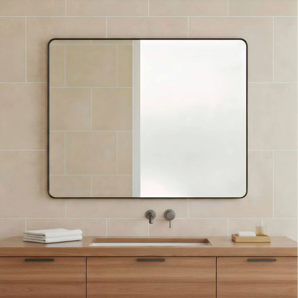 Alt View 6. Kadyn - 40x30 Inch Oversized Rectangle Wall Mirror with Rounded Corners and Black Frame - Black.