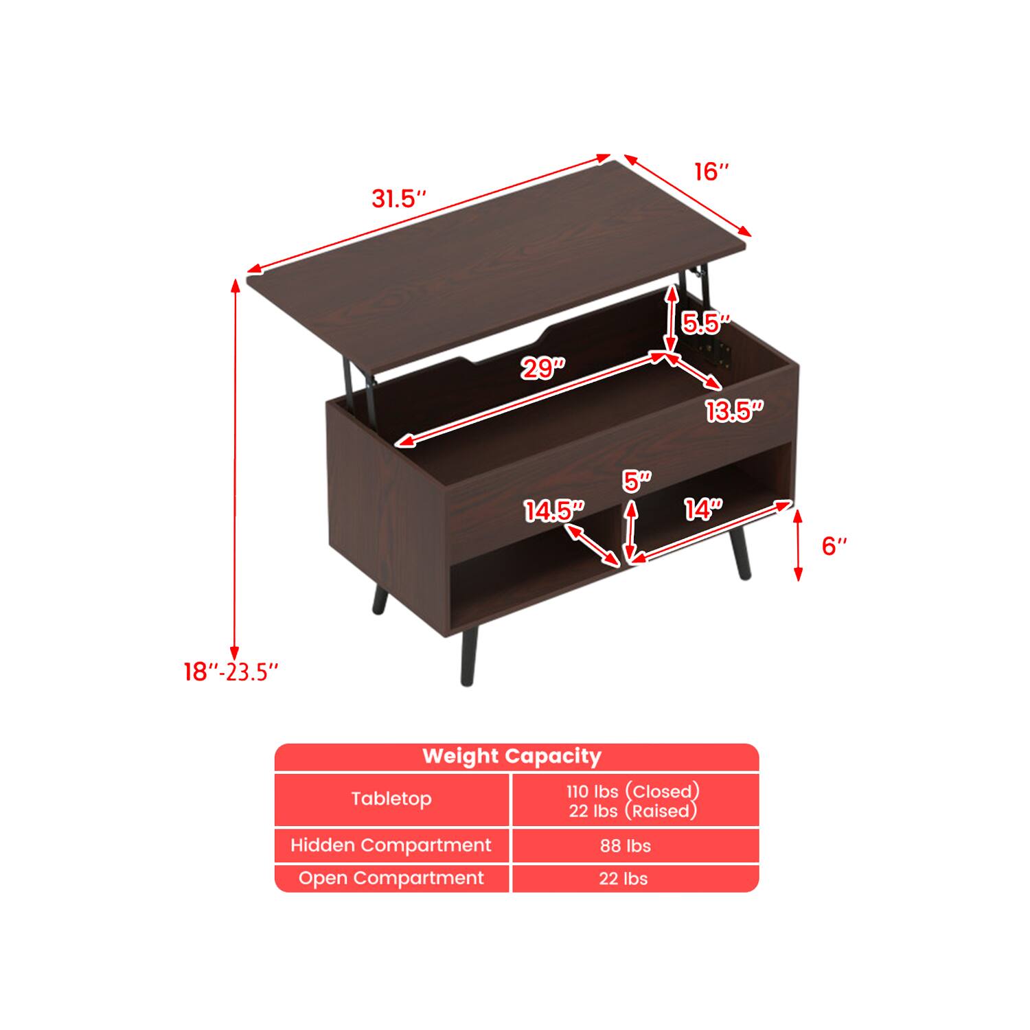 31.5" 16" 29" 5.5" 13.5" 14.5" 5" 14" 6" 18"-23.5"  
Weight Capacity  
Tabletop: 110 lbs (Closed), 22 lbs (Raised)  
Hidden Compartment: 88 lbs  
Open Compartment: 22 lbs
