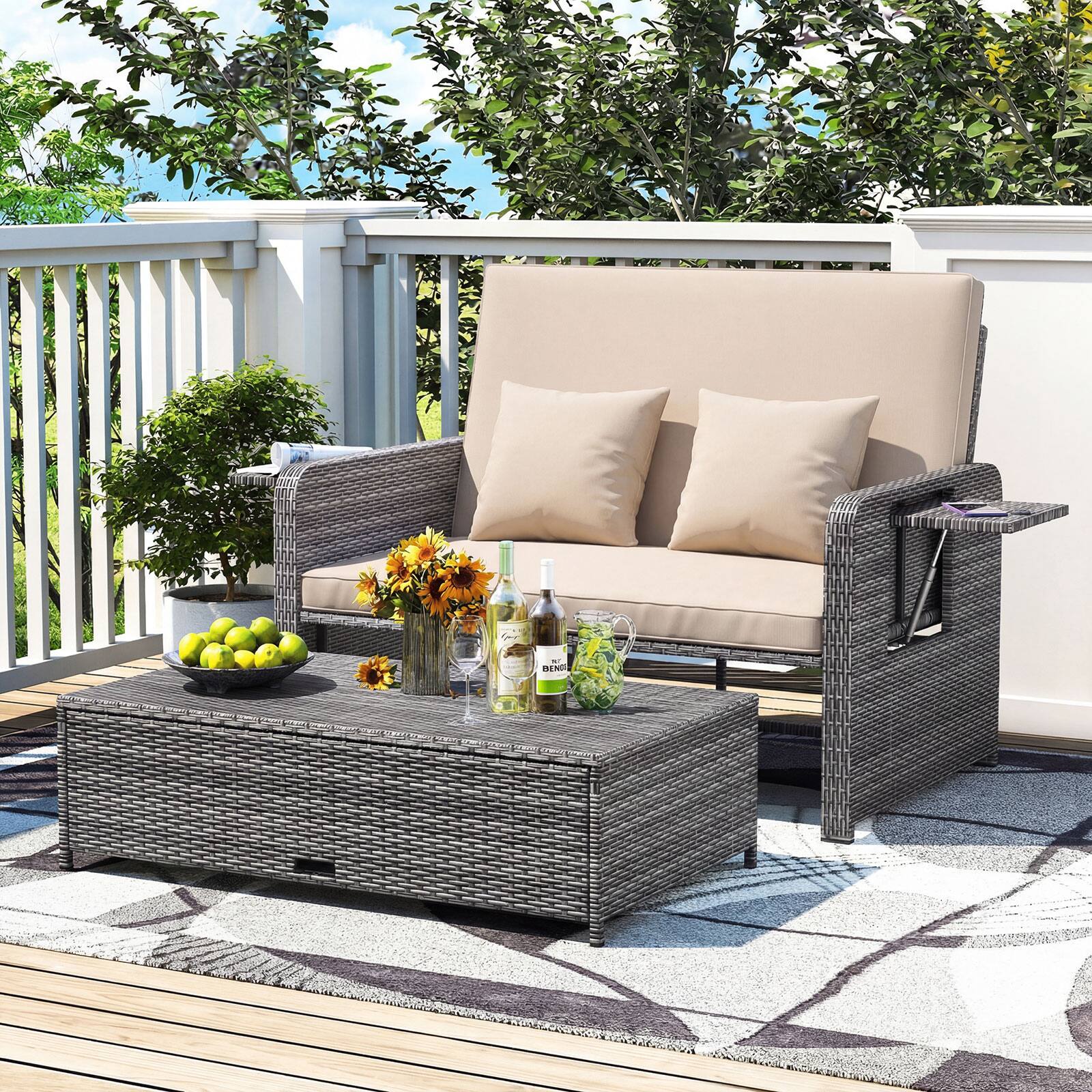 Alt View 5. Gymax - Gymax Rattan Daybed Wicker Loveseat Sofa Set w/ Ottoman & Retractable Side Tray Patio Brown - Brown.