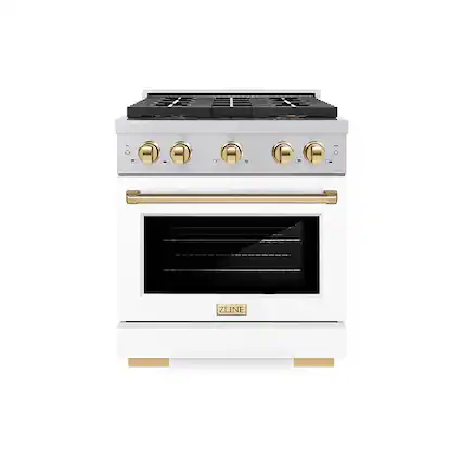 Front. ZLINE - ZLINE Autograph 30 in. 4.2 cu. ft. Freestanding Paramount Dual Fuel DuoPro Range in Satin Steel w/ White & Gold Accents - White Matte.