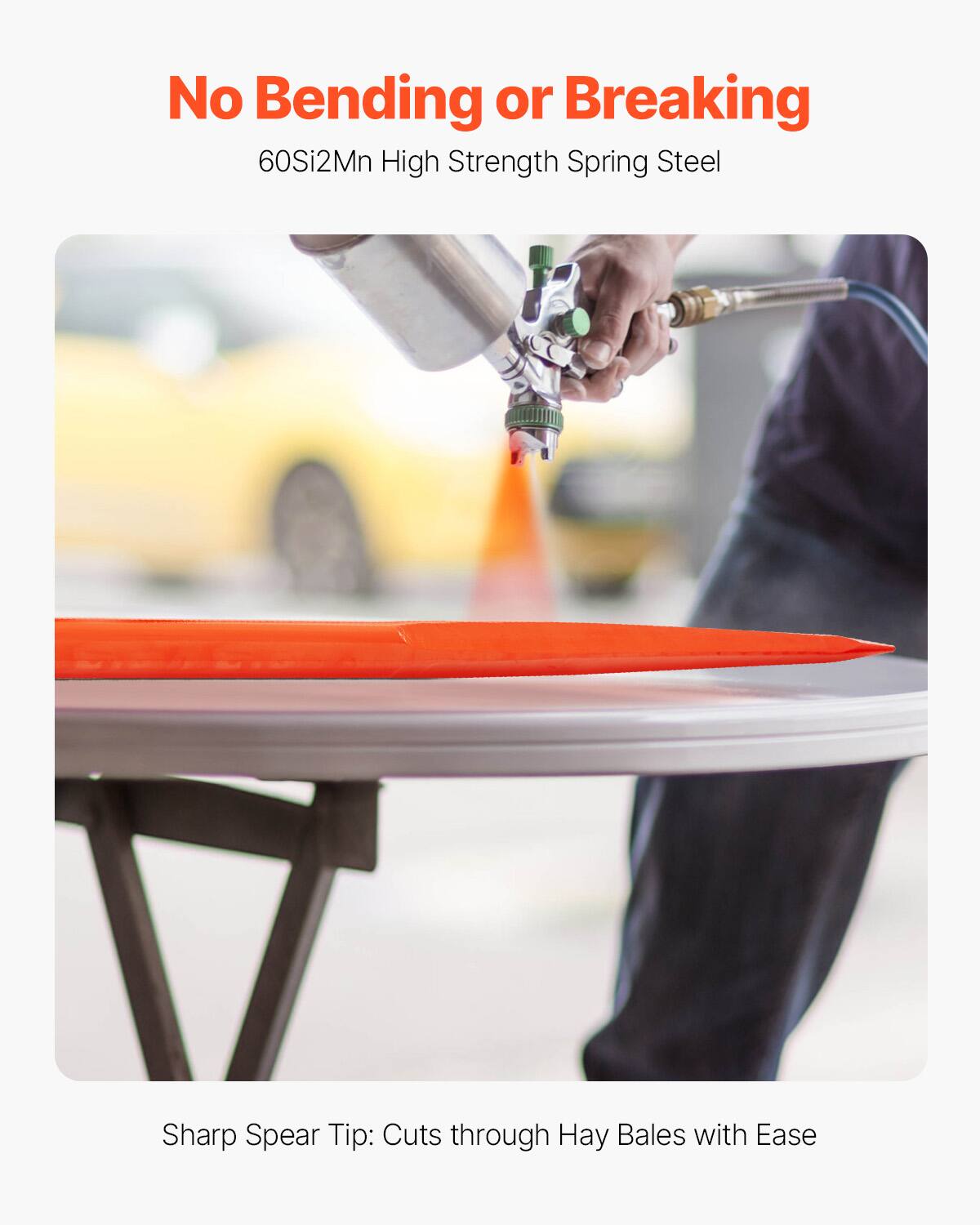 No Bending or Breaking  
60Si2Mn High Strength Spring Steel  

Sharp Spear Tip: Cuts through Hay Bales with Ease