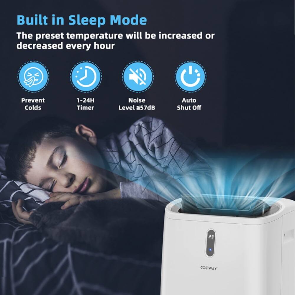 Built in Sleep Mode  
The preset temperature will be increased or decreased every hour  

Prevent Colds  
1-24H Timer  
Noise Level ≤57dB  
Auto Shut Off  

COSTWAY
