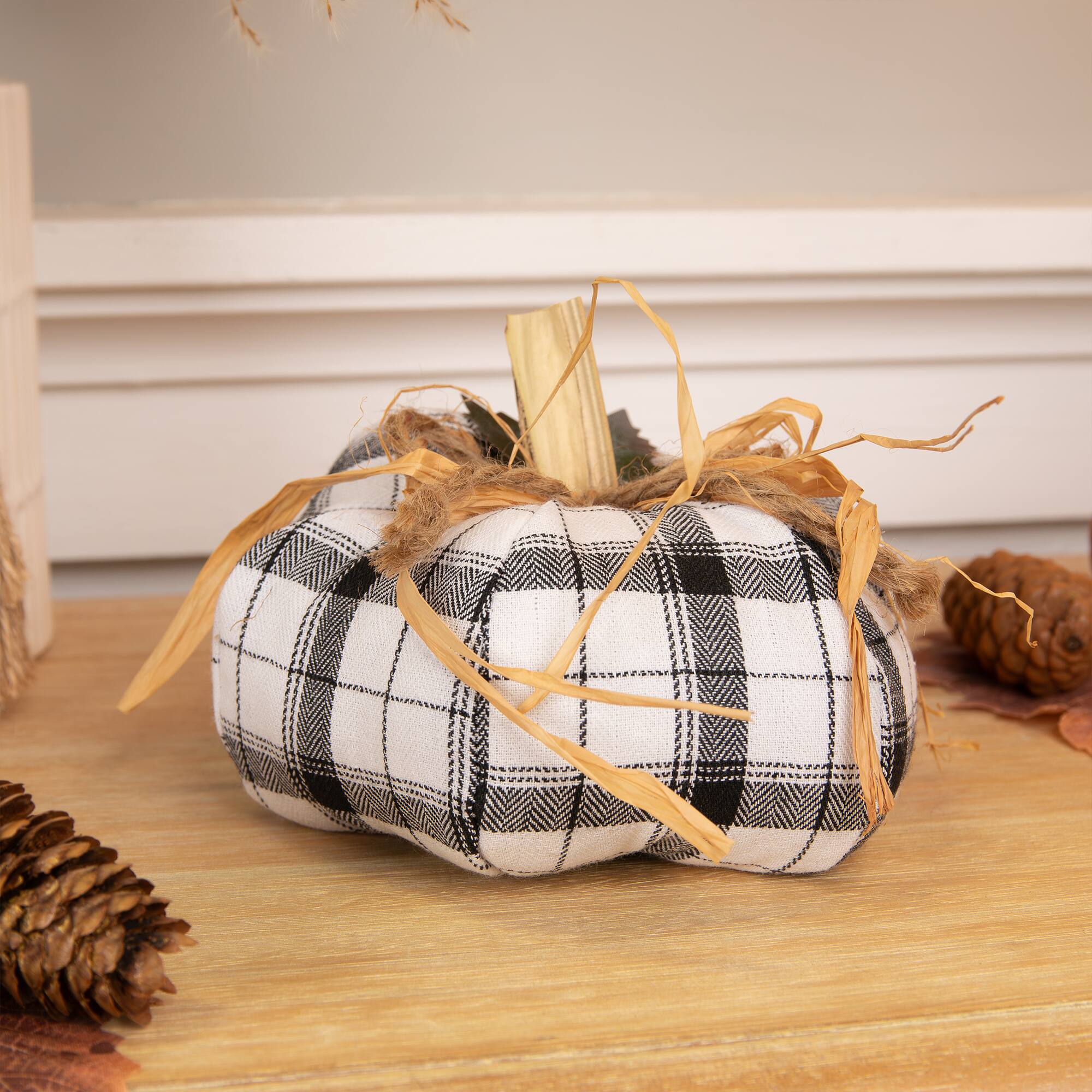 Front. Northlight - Plush Plaid and Jute Pumpkin Fall Harvest Decoration - 6.5" - White and Black - White.