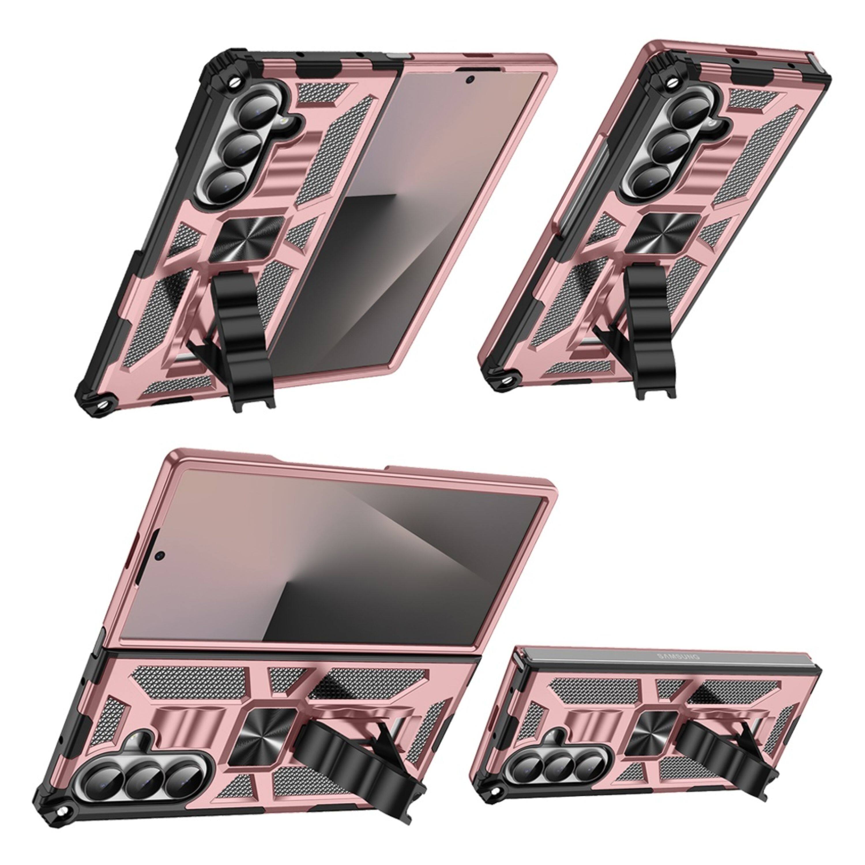 Angle. Kitcheniva - Shockproof Case With Stand Metal Plate Tempered Glass For Samsung Galaxy Z Fold7 Rose Gold - Rose Gold.