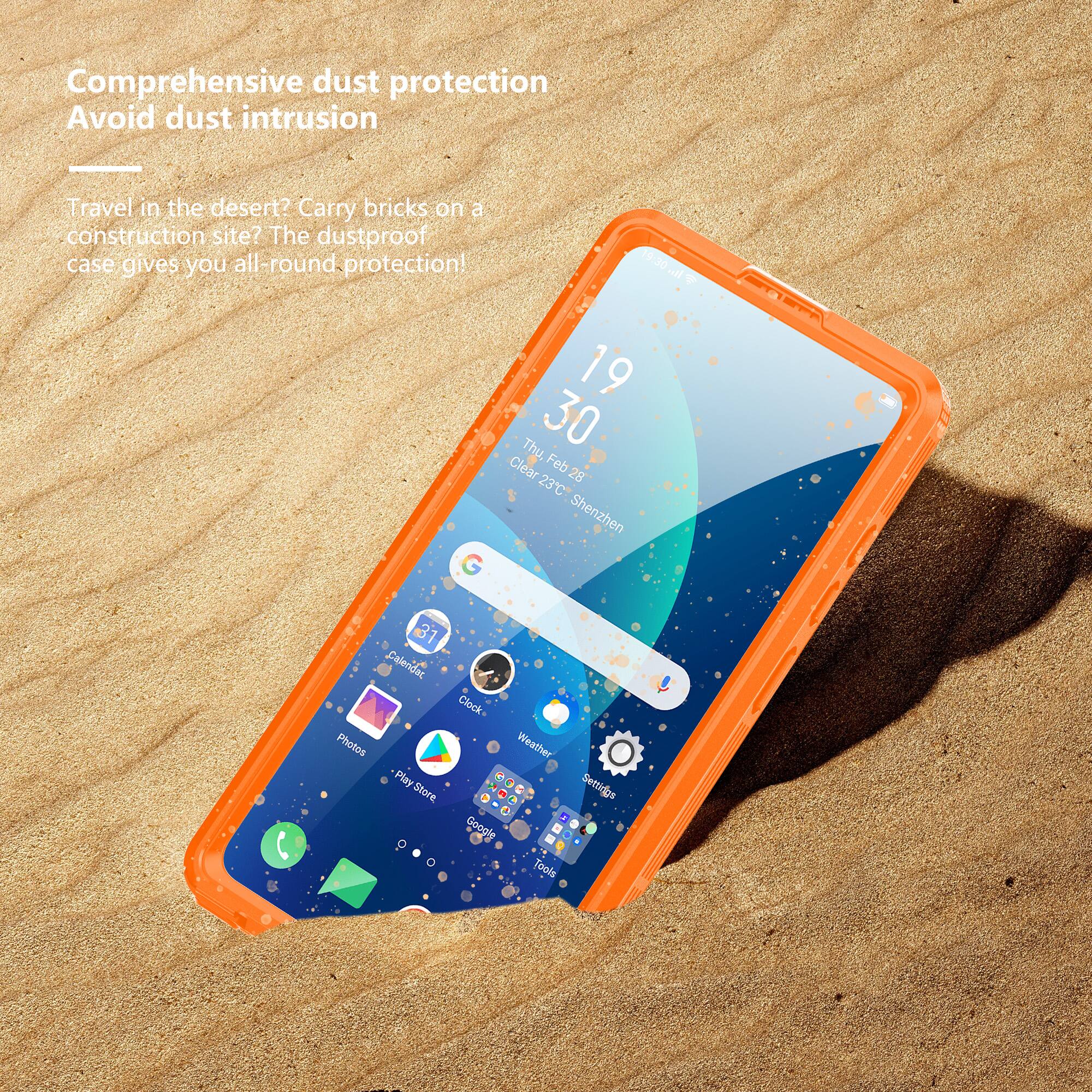 Comprehensive dust protection  
Avoid dust intrusion  

Travel in the desert? Carry bricks on a construction site? The dustproof case gives you all-round protection!  

19:30  
Fri, 30 Feb 28  
23°C  
Shenzhen 31  
Clear  

Clock  
Calendar  
Photos  
Play Store  
Google  
Settings