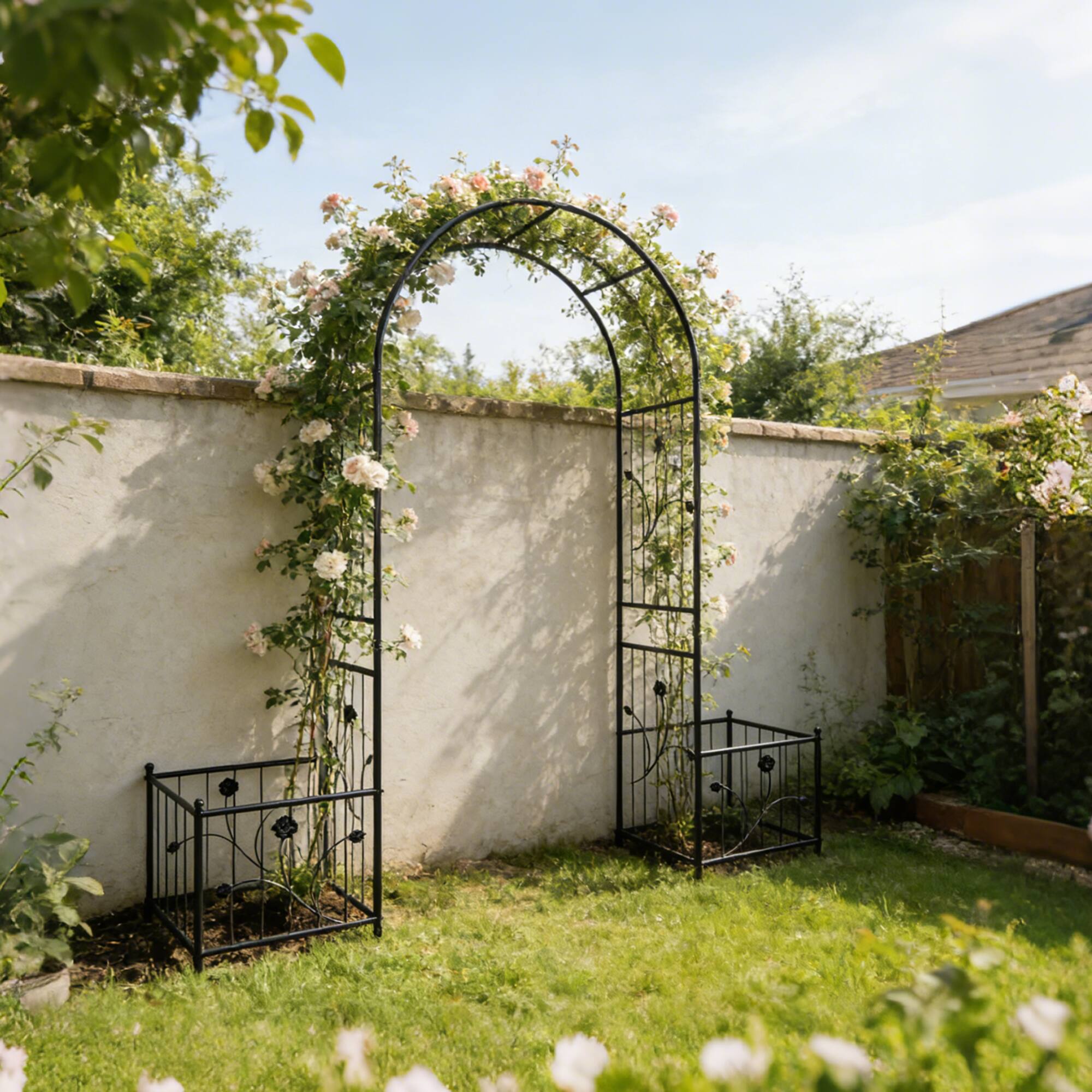 Alt View 2. Loheer - Metal Garden Arch with Built-In Plant Stands for Climbing Plants and Roses, Outdoor Trellis - Black.