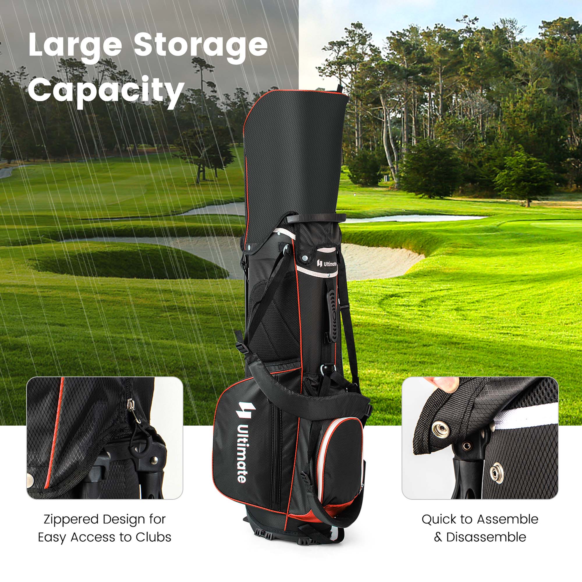 Large Storage Capacity

Zippered Design for Easy Access to Clubs

Quick to Assemble & Disassemble