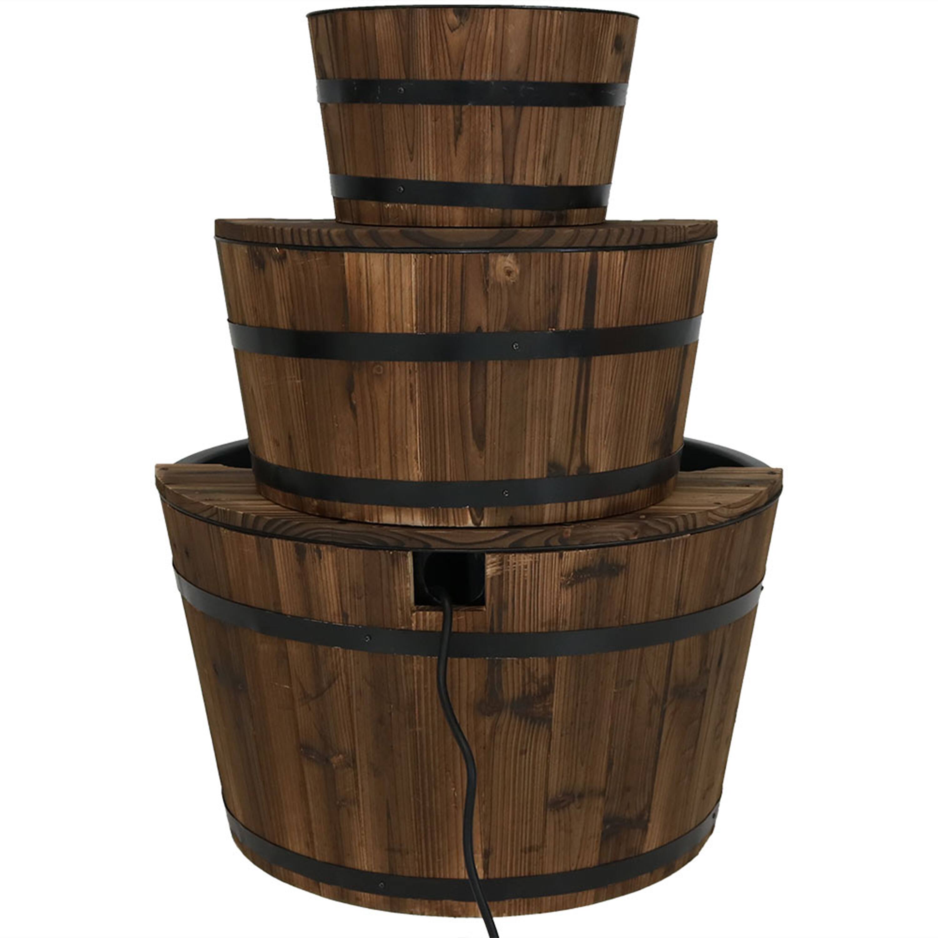 Alt View 9. Sunnydaze - Rustic 3-Tier Wooden Fir Barrel-Style Water Fountain - 30 in - Brown.