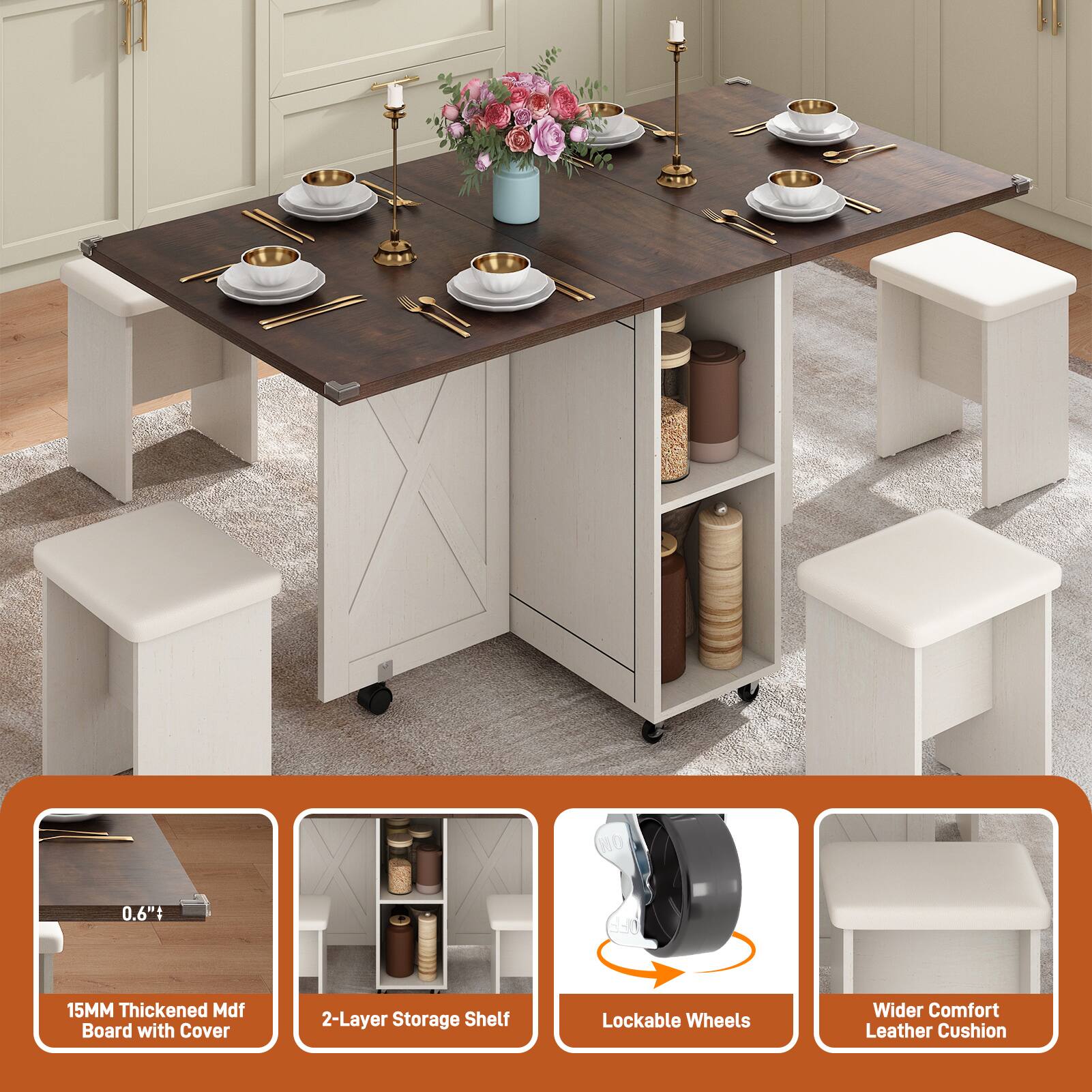 0.6" 15MM Thickened MDF Board with Cover  
2-Layer Storage Shelf  
Lockable Wheels  
Wider Comfort Leather Cushion
