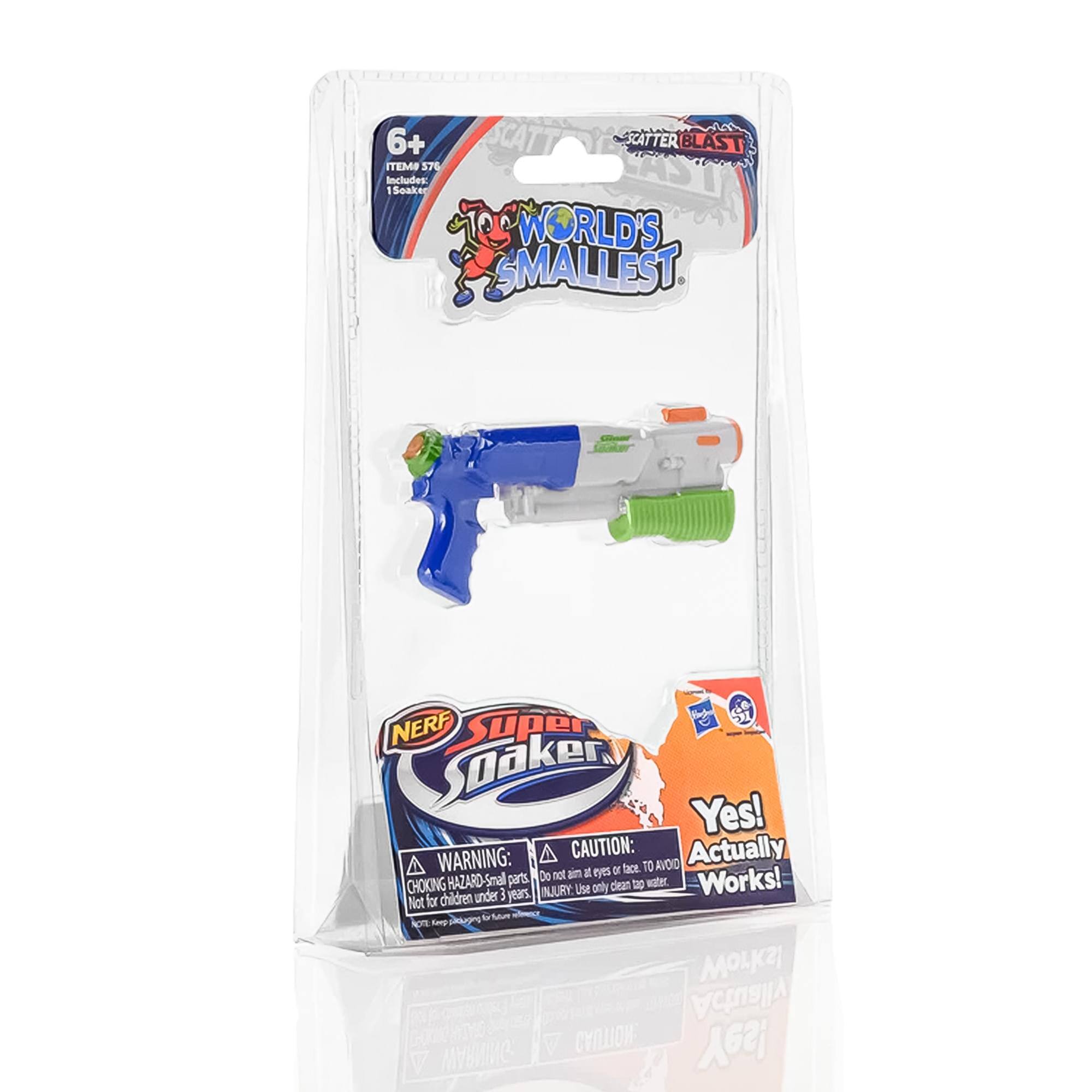 6+ SCATTER BLAST  
ITEM 576  
Includes: 15 Soakers  

WORLD'S SMALLEST  
NERF Super Soaker  

WARNING:  
CHOKING HAZARD - Small parts. Not for children under 3 years.  

CAUTION:  
Do not aim at eyes. Avoid injury. Use only clean tap water.  

Yes! Actually Works!