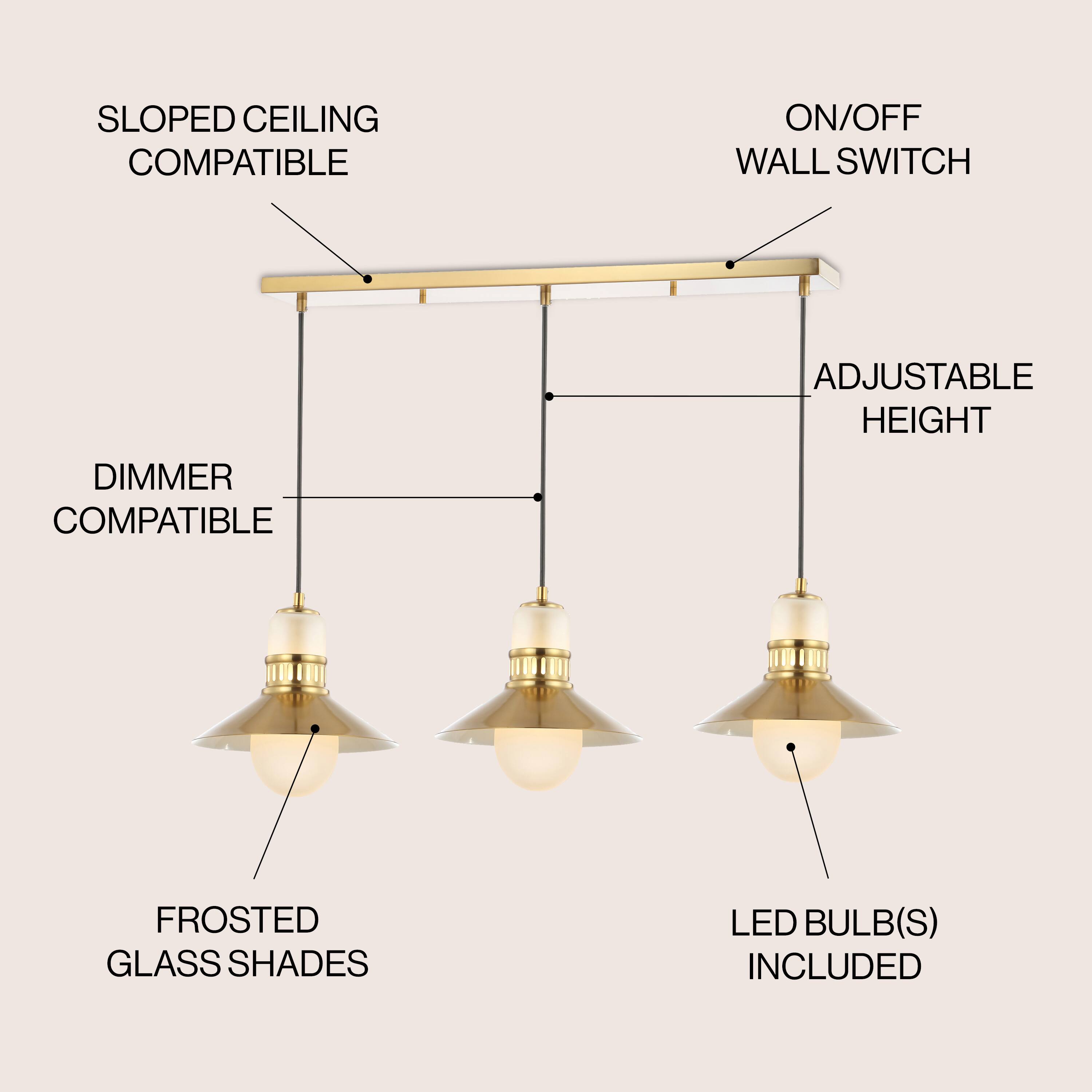 Sloped Ceiling Compatible, On/Off Wall Switch, Adjustable Height, Dimmer Compatible, Frosted Glass Shades, LED Bulb(s) Included