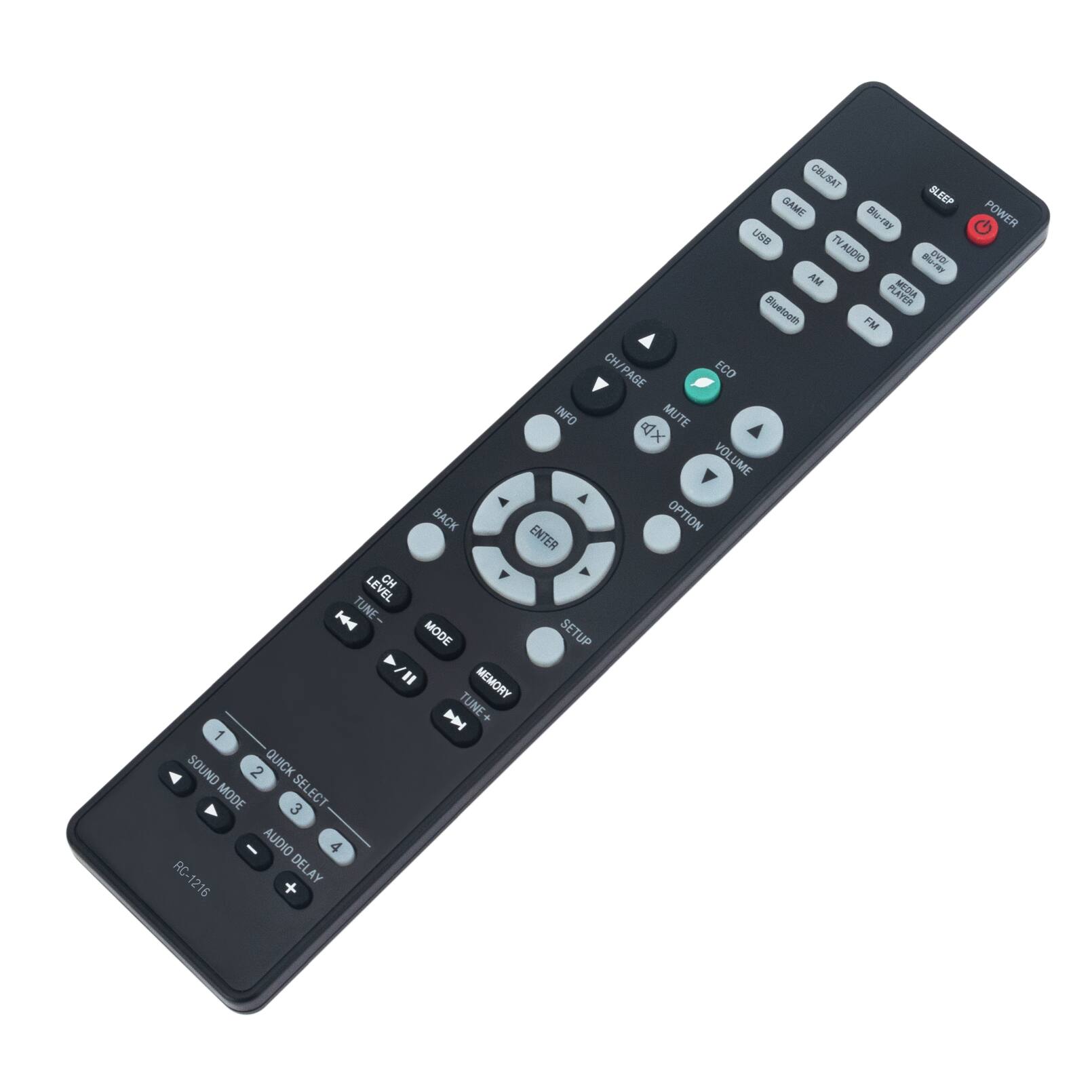 CBL/SAT GAME SLEEP Blu-ray USB TV TVAUDIO OVD AM PLATER MEDRA Bluetooth FM CH/PAGE ECO INFO MUTE VOLUME BACK OPTION ENTER LEVEL CH H TUNE- MODE SETUP SE / MEMORY D TUNE+ SOUND 2 QUICK MODE SELECT 3 - AUDIO 4 AC-1216 DELAY POWER