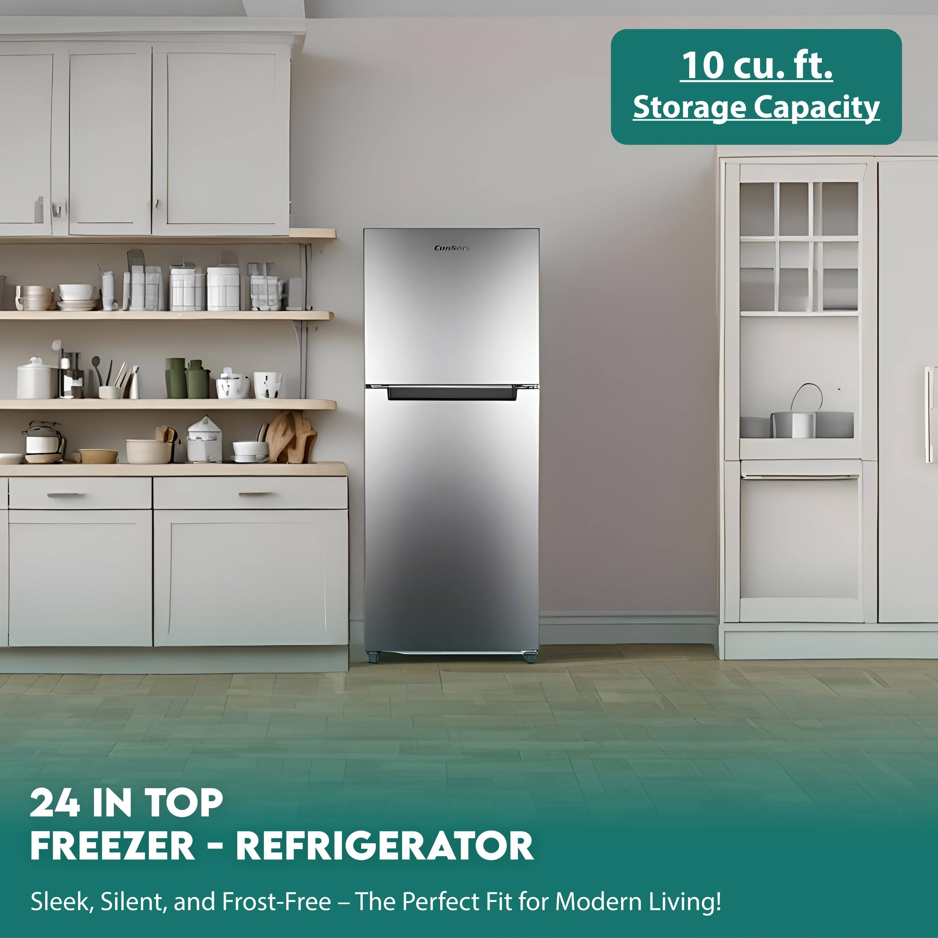 10 cu. ft. Storage Capacity

24 IN TOP FREEZER - REFRIGERATOR

Sleek, Silent, and Frost-Free - The Perfect Fit for Modern Living!